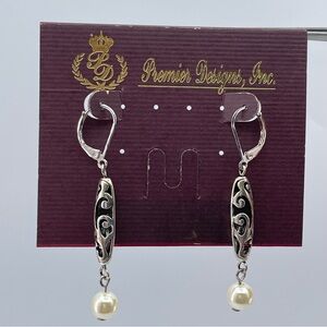 NWT Premier Designs Silver Filigree Pearl Drop Dangle Earrings